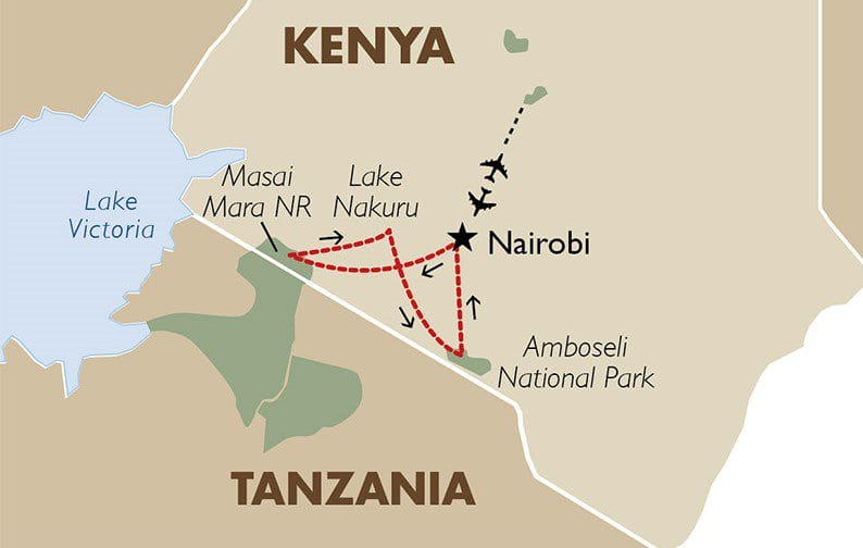 Packages 1 "Panoramic view of top Kenyan safari destinations including Masai Mara, Amboseli, and Samburu landscapes