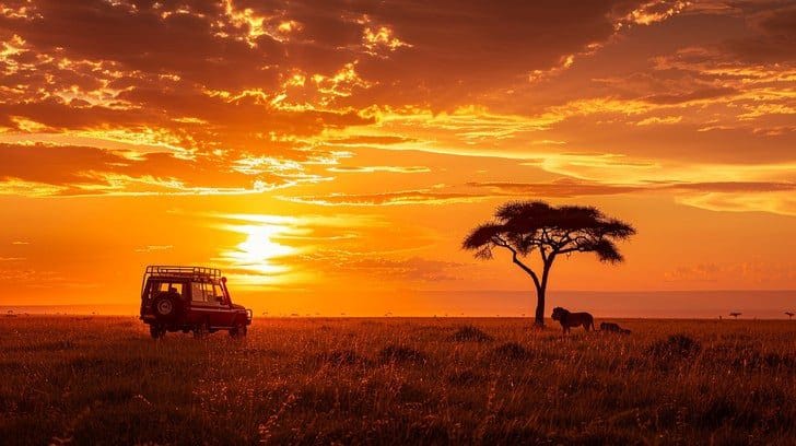 Packages 2 Aerial view of safari jeep crossing East Africa’s vast savannah plains at sunrise